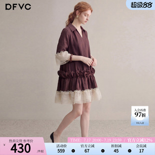 dfvc亚麻复古V领衬衫裙女2026年秋季新款荷叶边小个子宽松连衣裙
