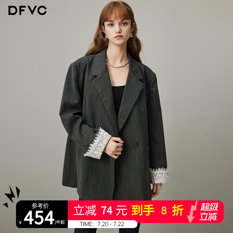 dfvc通勤條紋蕾絲拼接西裝外套