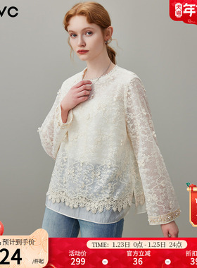 dfvc复古重工绣花钉珠长袖衬衫女2026年春季新款圆领宽松蕾丝衫