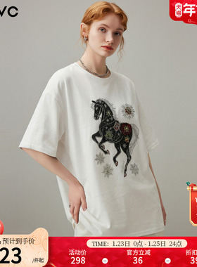 dfvc白色休闲圆领短袖T恤女2026年春季新款小马印花烫钻宽松上衣