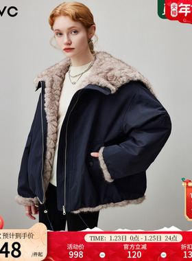 dfvc复古短款仿皮草派克服女2025年冬季新款连帽宽松加厚保暖外套