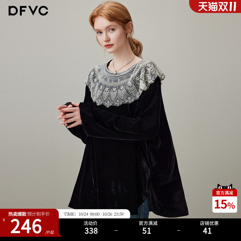 dfvc黑色复古丝绒长袖衬衫女2026年秋季新款荷叶边宽松内搭上衣
