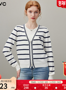 dfvc绵羊毛韩版条纹针织开衫女2026年春季新款双拉链短款毛衣外套