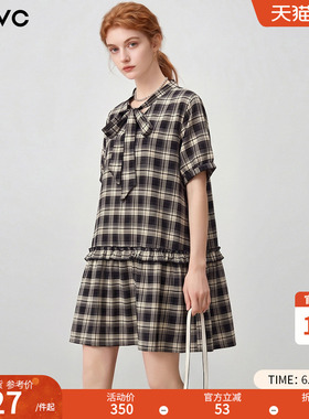 dfvc复古学院风格子连衣裙女2026年夏季新款系带领小个子减龄裙子
