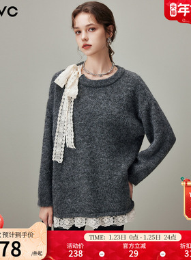 dfvc灰色慵懒风圆领毛衣女2025年冬季新款蕾丝飘带宽松软糯针织衫