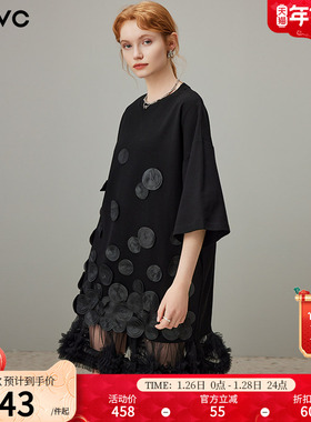 dfvc黑色设计感t恤连衣裙女2025夏季新款大码宽松立体花朵网纱裙