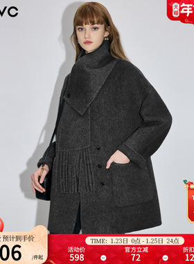 dfvc韩版绵羊毛羊驼绒V领毛呢外套女2025冬季新款围巾双面呢大衣
