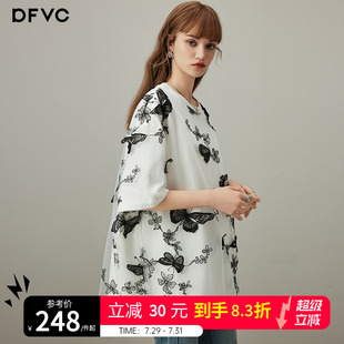 dfvc设计感白色短袖 蝴蝶网纱圆领宽松上衣 T恤女2025年秋季 新款
