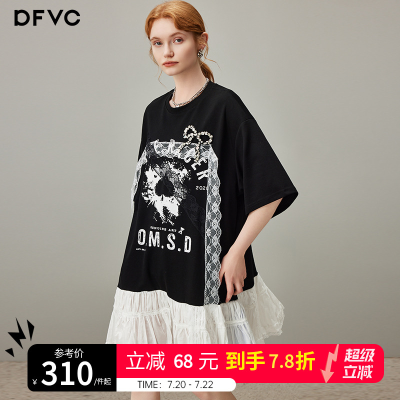 dfvc时尚圆领短袖t恤连衣裙女2025年夏季新款撞色拼接宽松a字裙子