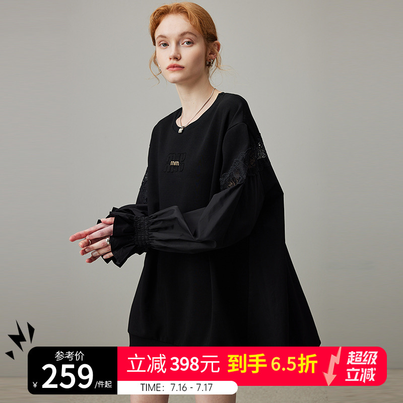 dfvc春季黑色圆领卫衣裙女2024新款宽松花瓣袖小黑裙子短款连衣裙