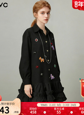 dfvc黑色纯棉设计感小众衬衫裙女2026年春季新款荷叶边钉珠连衣裙