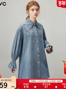 dfvc法式减龄做旧牛仔衬衫裙女2026年春季新款钉珠宽松长袖连衣裙
