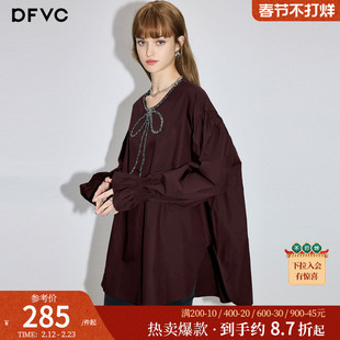 dfvc法式纯棉长袖衬衫女2026年春季新款蝴蝶结钉珠宽松中长款上衣
