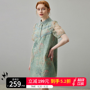 dfvc重工刺绣连衣裙女夏季 POLO领网纱小个子裙子薄 2025新款 泡泡袖