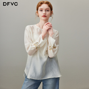 新款 女2026年春季 蝴蝶钉珠打底上衣 衬衫 dfvc人丝复古国风轻薄长袖