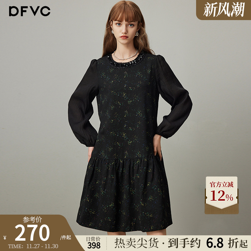 dfvc通勤复古亮片印花长袖连衣裙
