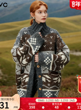 dfvc复古费尔岛提花针织开衫女2025年冬季新款宽松中长款毛衣外套