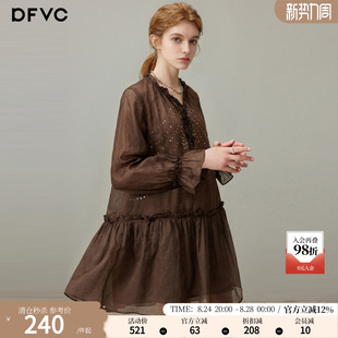 dfvc苎麻复古长袖连衣裙女2026年夏季新款木耳边领宽松中长款裙子