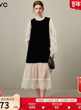 dfvc黑色人丝丝绒长袖连衣裙女2026年春季新款网纱拼接法式风长裙