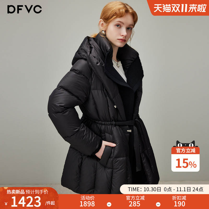 dfvc黑色中长款连帽羽绒服