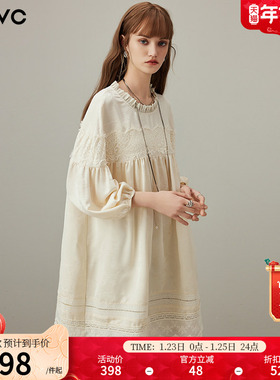 dfvc复古提花连衣裙女2026年春季新款蕾丝拼接宽松小个子娃娃裙子