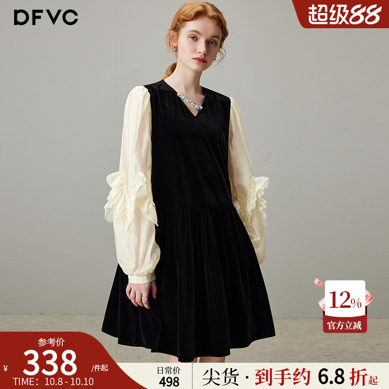 dfvc通勤复古连衣裙撞色拼接丝绒