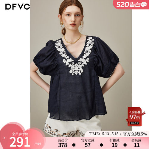 dfvc苎麻复古绣花V领短袖衬衫