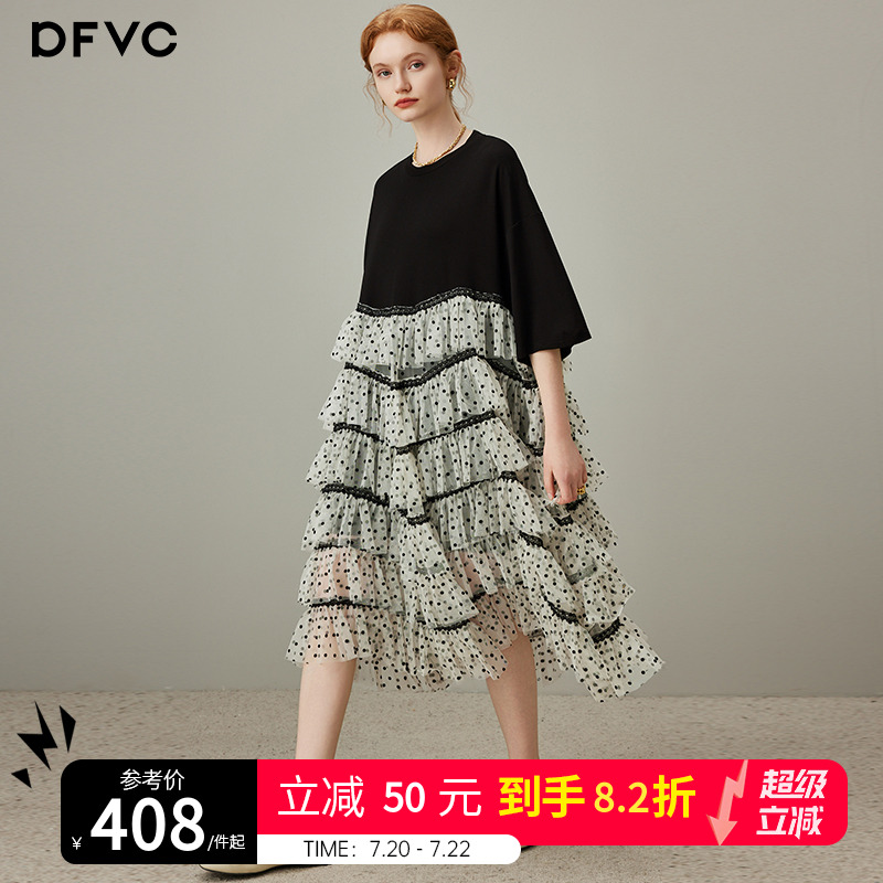 dfvc设计感短袖t恤裙波点连衣裙女2025年夏季新款网纱拼接蛋糕裙