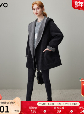 dfvc双面色中长款绵羊毛呢外套女2025冬季新款连帽宽松双面呢大衣