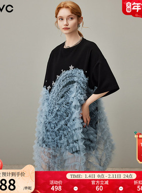 dfvc设计感短袖t恤裙女2025年夏季新款宽松连衣裙网纱拼接蛋糕裙