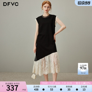 dfvc黑色气质蕾丝拼接背心裙t恤裙女2026夏季新款无袖连衣裙长裙