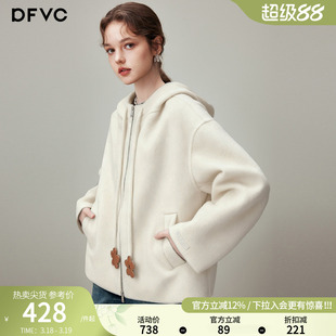 dfvc韩版短款绵羊毛呢外套女2026年春季新款连帽双面呢山羊绒大衣