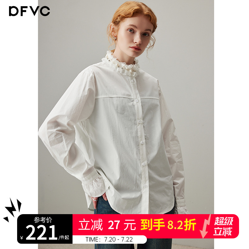 dfvc白色通勤简约纯棉长袖衬衫女2025年春季新款花边领宽松上衣薄