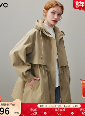 dfvc卡其色韩版中长款风衣外套女2026年春季新款连帽收腰宽松大衣