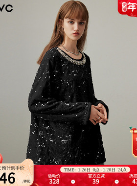 dfvc黑色圆领蕾丝衫女2026年春季新款重工亮片钉珠宽松丝绒衬衫