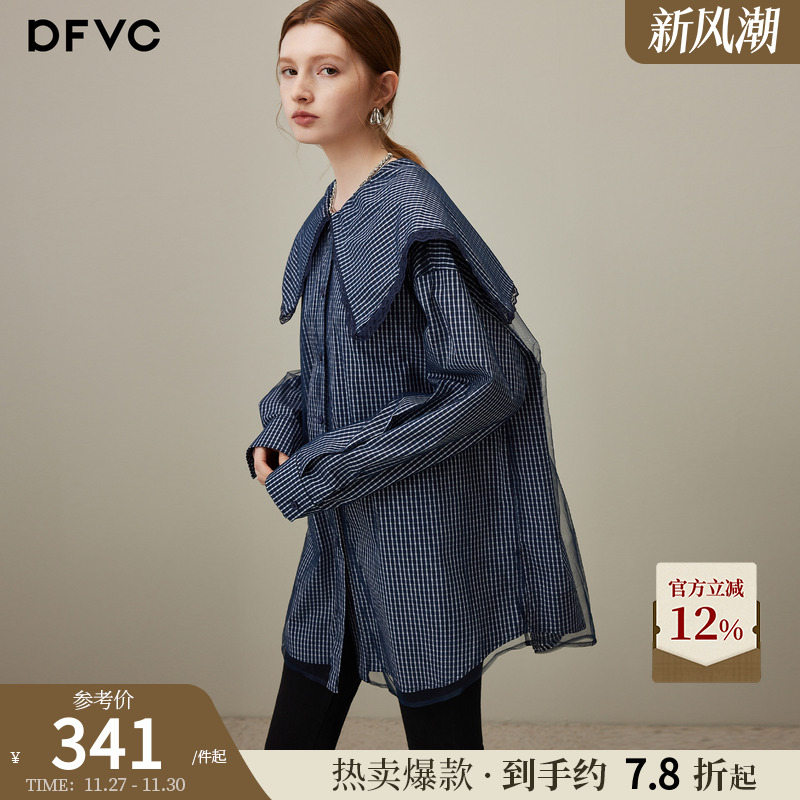 dfvc蓝色减龄海军领格子长袖衬衫
