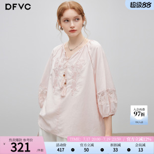 dfvc天丝温柔文艺绣花衬衫女2026年夏季新款系带领灯笼袖休闲衫薄