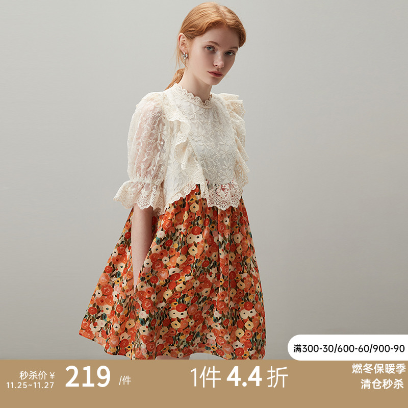 dfvc夏季拼接碎花连衣裙2023新款女荷叶边蕾丝绣花宽松a字娃娃裙