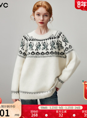 dfvc慵懒风费尔岛提花羊毛衣女2025年冬季新款宽松加厚圆领针织衫