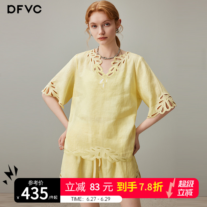 dfvc亚麻V领镂空短袖衬衫套装女2025年夏季新款宽松高腰阔腿短裤