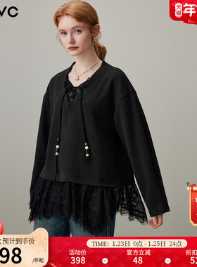 dfvc黑色假两件蕾丝拼接套头卫衣女2025年冬季新款V领宽松上衣