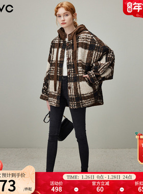 dfvc时尚短款连帽格子毛呢外套女2025年冬季新款宽松仿羊羔毛外套