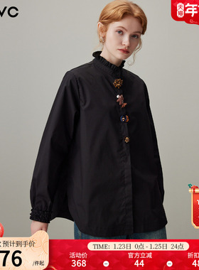 dfvc黑色设计感纯棉长袖衬衫女2026年春季新款立领宽松百搭上衣