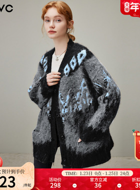 dfvc慵懒风复古绵羊毛针织衫女2025年冬季新款中长款V领开衫毛衣