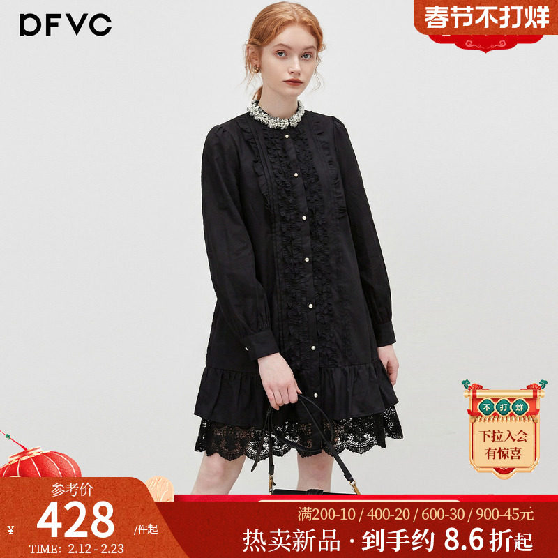 dfvc黑色纯棉法式长袖衬衫裙女2026年春季新款拼接宽松长袖连衣裙