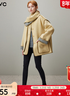 dfvc气质双面穿绵羊毛呢外套女2025年冬季新款围脖短款双面呢大衣