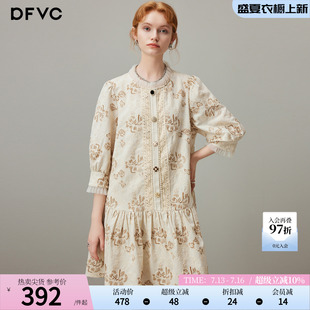 dfvc亚麻法式重工绣花连衣裙女2026年夏季新款七分袖宽松中长裙子