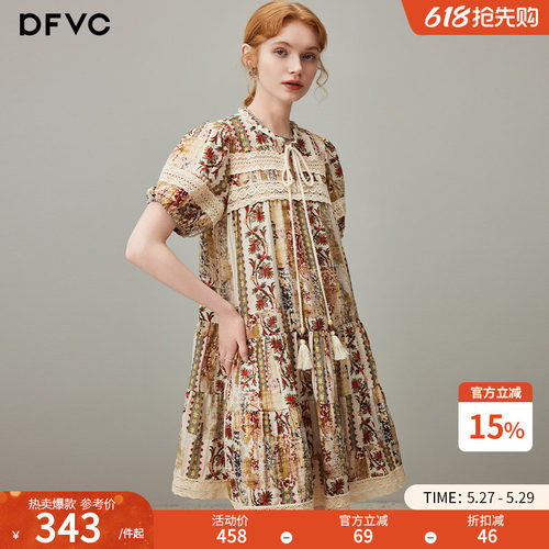 dfvc亚麻复古印花连衣裙