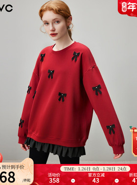 dfvc红色新年减龄圆领套头卫衣女2026春季新款蝴蝶结拼接休闲上衣