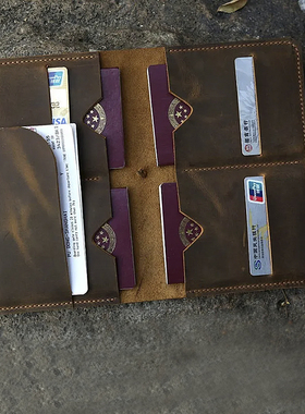 家庭护照本证件包4人旅行手工美式复古阿美咔叽真皮疯马皮FP405SL
